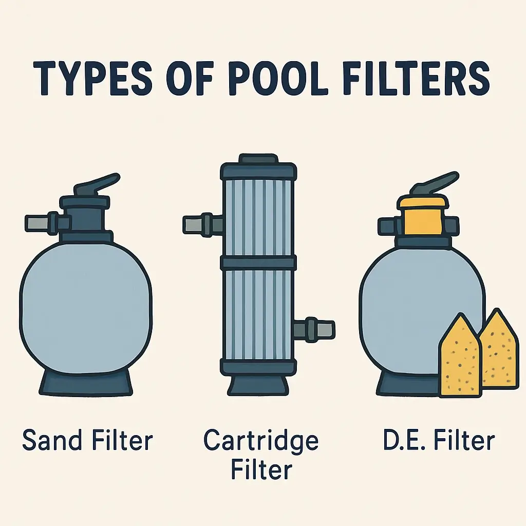 Type of pool filters Sand Filter Cartridge Filter DE Filter Type of pool filters Sand Filter Cartridge Filter DE Filter